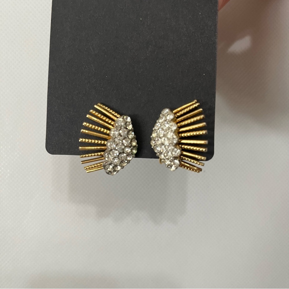 Vintage Rhinestone Gold Tone Sunburst Clip On Earrings